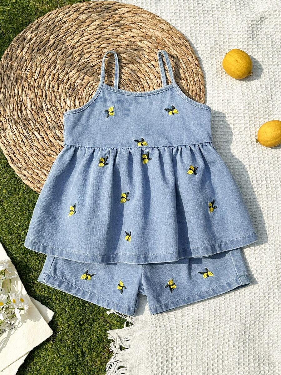 SHEIN Vintaside Kids Toddler Girls' Light Blue Washed Casual Loose Denim Jumpsuit With All-Over Floral Print, Paired With Relaxed Straight Leg Denim Shorts With Elastic Waistband, Fashionable And Versatile Outfit For Spring/Summer.Kids Denim Spaghetti Strap Top And Shorts Two-Piece Outfit With Embroidered Plant Patte - Light Wash - View 1