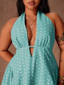 Rustia Plus Size Women's Polka Dot Halter Tie Sexy A-Line Mini Dress - Cadet Blue - View 4