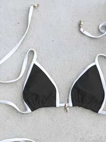 SHEIN Swim 两件套女士沙滩装，时尚可爱，适合度假、海滩、派对、游艇穿着，纯色搭配撞色贝壳装饰，可调节露背吊带三角比基尼上衣和侧系带比基尼泳裤套装 - 彩色 - 查看 4