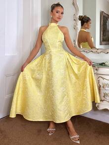 Glamine Charm Vintage 3D Embossed Floral V-Neck Sleeveless Flared Dress For Women Wedding Guest Party Dress Elegant Long Dress Birthday Dresses For Women Graduation Dress Women Dress For Wedding Guest Yellow Dresses For Women Elegant Yellow Formal Dress Halter Neck Dress Jacquard Yellow Dress Yellow Satin Dress Yellow Silk Dress Homecoming Dress Short Yellow Midi Dress Love And Lemonade Dresses Lemon Dress Women Yellow Floral Dress Women Tea Party Dress Yellow Easter Dress Women Yellow Spring Dress - Yellow - View 5