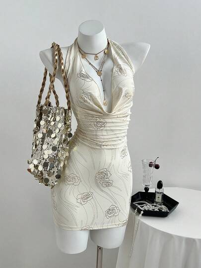 Elamini Women's Floral Print Draped Neck Fitted Fashion Midi Dress