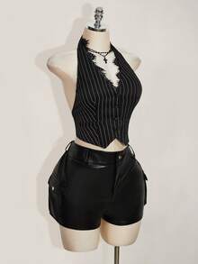 SHEIN ICON Y2K 女式外出哥特黑色科切拉暗黑学院风夏季时尚撞色蕾丝条纹露背短款背心 - 黑色 - 查看 13