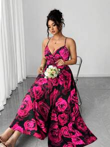 Vestido de mujer talla con nuevo diseño de estampado floral, nudo delantero, cintura con lazo y bajo con abertura, adecuado para vacaciones y citas - Rosa Fucsia - Ver 6