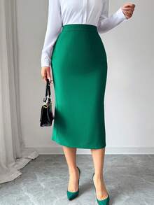 Elenzga Women's Elegant Fitted Pleated Pencil Skirt - Dark Green - View 2
