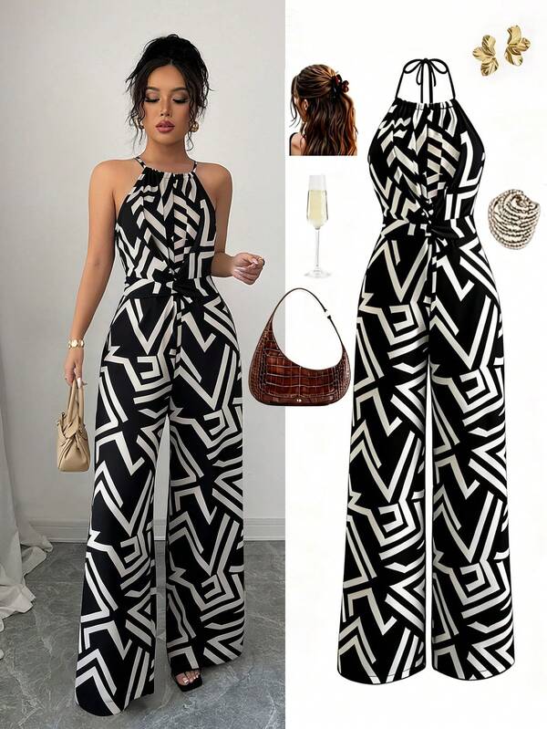 Elenzga Bộ jumpsuit nữ bằng vải in họa tiết, thắt eo, thanh lịch, thích hợp cho kỳ nghỉ và mặc hàng ngày.