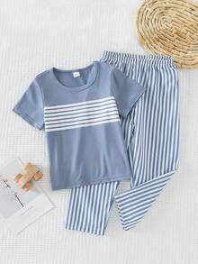 2pcs Young BoyCasual Striped Round Neck Comfortable Sweatshirt And Striped Woven Pants Pajama Set - Multicolor - View 7