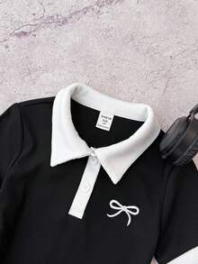 SHEIN 少女休闲日常黑白撞色领修身连衣裙，带刺绣蝴蝶结 - 黑與白 - 查看 2