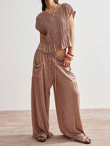 Bohemela 两件套 女士休闲纯色针织宽松圆领T恤和阔腿高腰裤 - 鏽棕色 - 查看 3