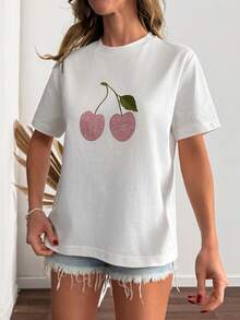 Cloudara White Cherry Rhinestone Embroidered T-Shirt, Casual Basic Women's Top Golf Summer - White - View 3