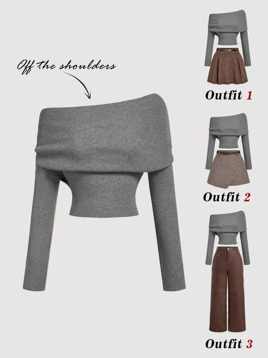 SHEIN MOD Sweater Rajut Wanita Warna Khaki dengan Model Bahu Terbuka - Grey - View 1