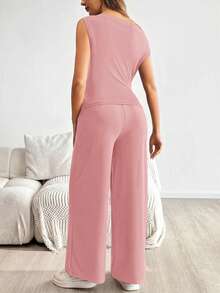 SHEIN Bộ đồ bầu màu trơn, vai lệch, gấu lệch, dáng ôm, phong cách thường ngày mùa hè, 2 món. - Màu Hồng baby - Xem 2