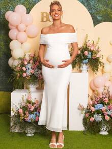 Loomaby Đầm bầu trễ vai dáng đuôi cá màu trơn thanh lịch dự tiệc - trắng - Xem 9