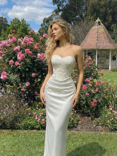 SHEIN MOD Vestido tubo de mujer elegante con estampado floral jacquard en beige