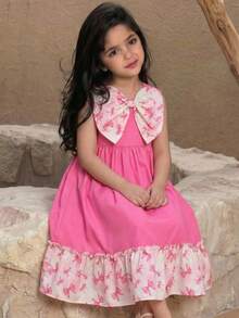 SHEIN DRMZ Tween Girls' Big Bowknot Patchwork Print Vacation Dress,Kids - Pink - View 5