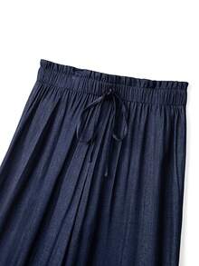 Linhara Pantalones anchos casuales de talle con volantes y efecto de mezclilla para mujer de talla grande - Azul lavado oscuro - Ver 4