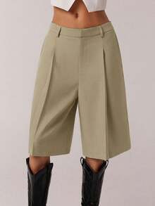 SHEIN PETITE CURVE Women's Casual Grey Suit Shorts, Spring Commute - Khaki - View 4