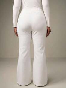 SHEIN Tall CURVE 大码休闲低腰抽绳弹力运动裤喇叭裤保暖内衬复合绒面料运动裤，适合秋冬季穿着 - 白色 - 查看 2