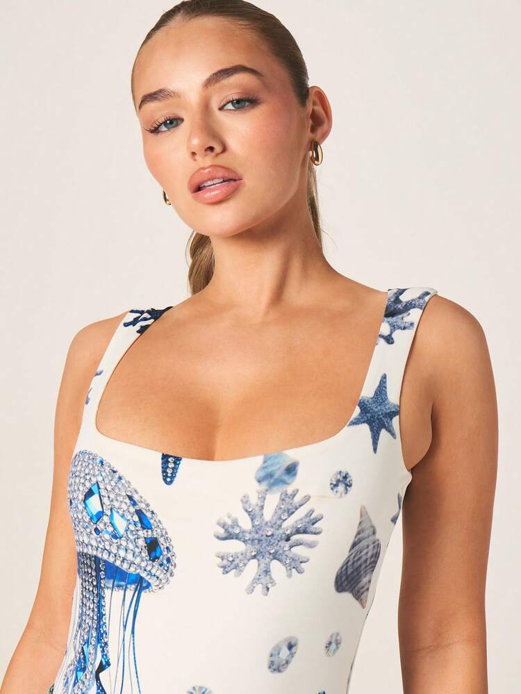 MISSGUIDED Seashell Print Scoop Neck Sleeveless Bodysuit With Diamante Jellyfish Ocean Theme Design Perfect For Summer Beach Vacation Casual Outfits
