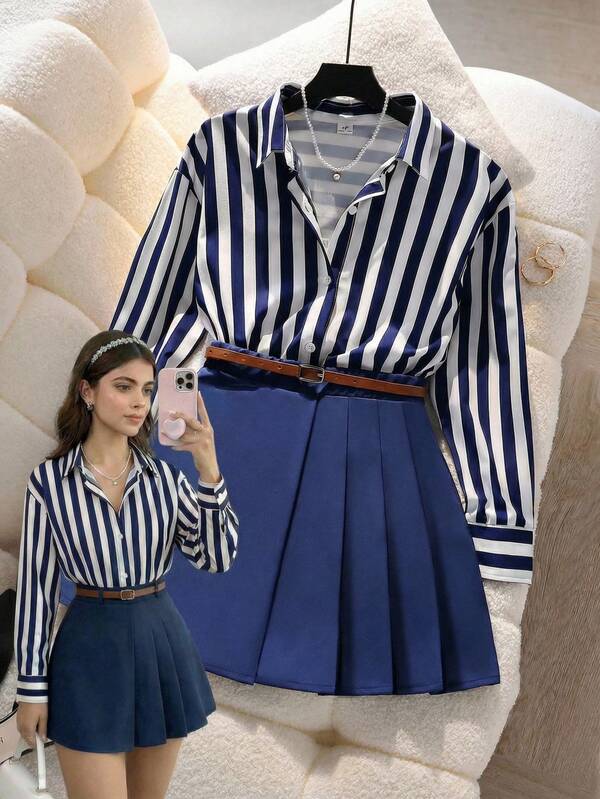Set de 2 piezas de camisa a rayas y falda para adolescentes para uso urbano y de viaje. Adecuado para salidas diarias, reuniones, graduación y escuela