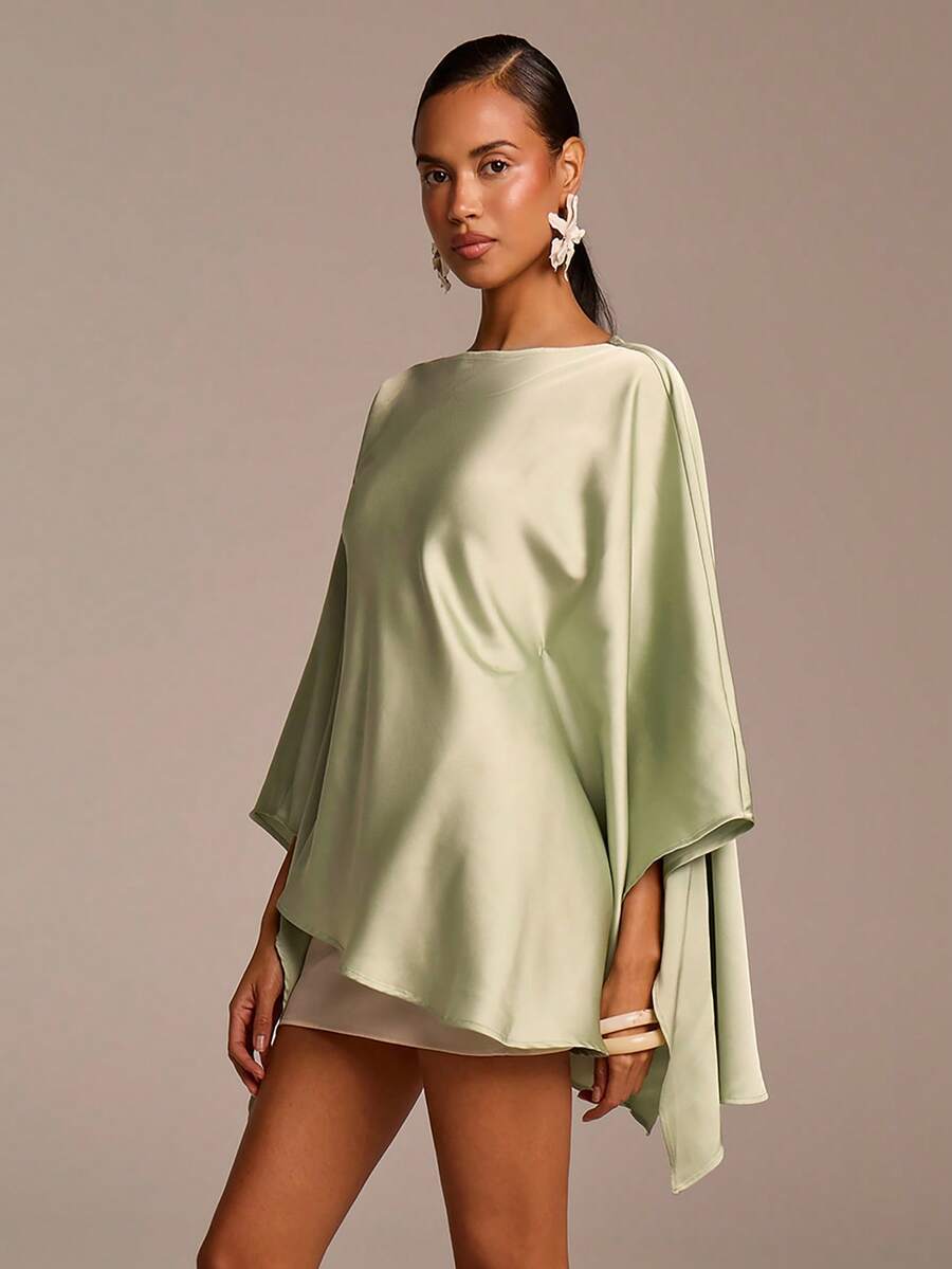 COSMINA 女士优雅不对称下摆和袖口绿色缎面衬衫，长袖纯色上衣，适合婚礼宾客、度假、休闲派对、保守场合。 - 綠色 - 查看 1