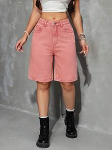 SHEIN EZwear Women's Summer Casual Slant Pocket Straight Leg Denim Shorts - Baby Pink - View 3
