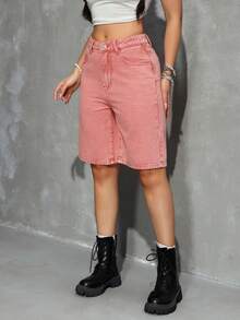 SHEIN EZwear Women's Summer Casual Slant Pocket Straight Leg Denim Shorts - Baby Pink - View 4