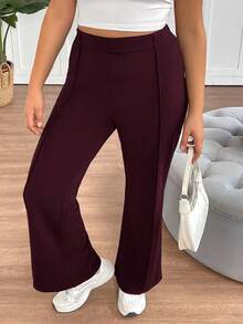 SHEIN Tall CURVE 大码女士简约日常喇叭裤套装 - 紫紅色 - 查看 3
