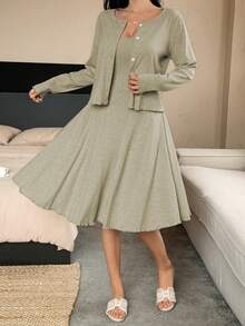 DAZY 两件套无袖连体裤和开衫套装，女士休闲家居服套装，秋季 - 綠色 - 查看 3