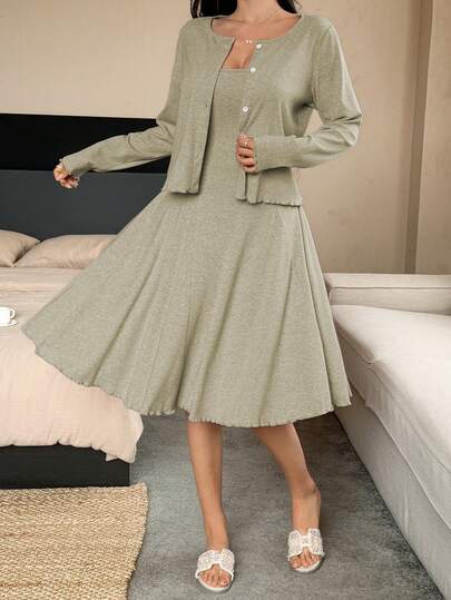 DAZY 两件套无袖连体裤和开衫套装，女士休闲家居服套装，秋季