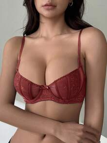 DAZY Áo ngực gợi cảm có đệm mút, dây đeo điều chỉnh được, chất liệu lưới và ren dành cho nữ, nội y nữ. - Gỗ đỏ - Xem 4