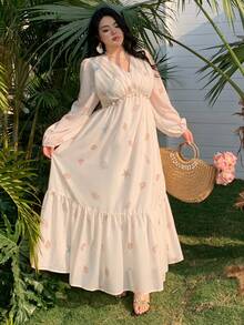 Plus Vestido de mujer de talla grande con estampado de dibujos animados, volantes en la cintura, estilo de vacaciones, vestido largo de verano/primavera, vestido bohemio - Albaricoque - Ver 3