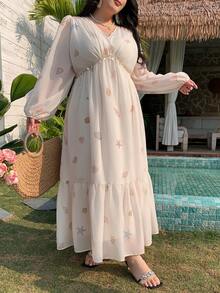 Plus Vestido de mujer de talla grande con estampado de dibujos animados, volantes en la cintura, estilo de vacaciones, vestido largo de verano/primavera, vestido bohemio - Albaricoque - Ver 7