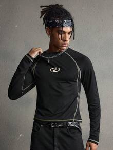 AXEPEAK Men's Contrast Trim Graphic Print Casual Crew Neck Long Sleeve T-Shirt - Black - View 4