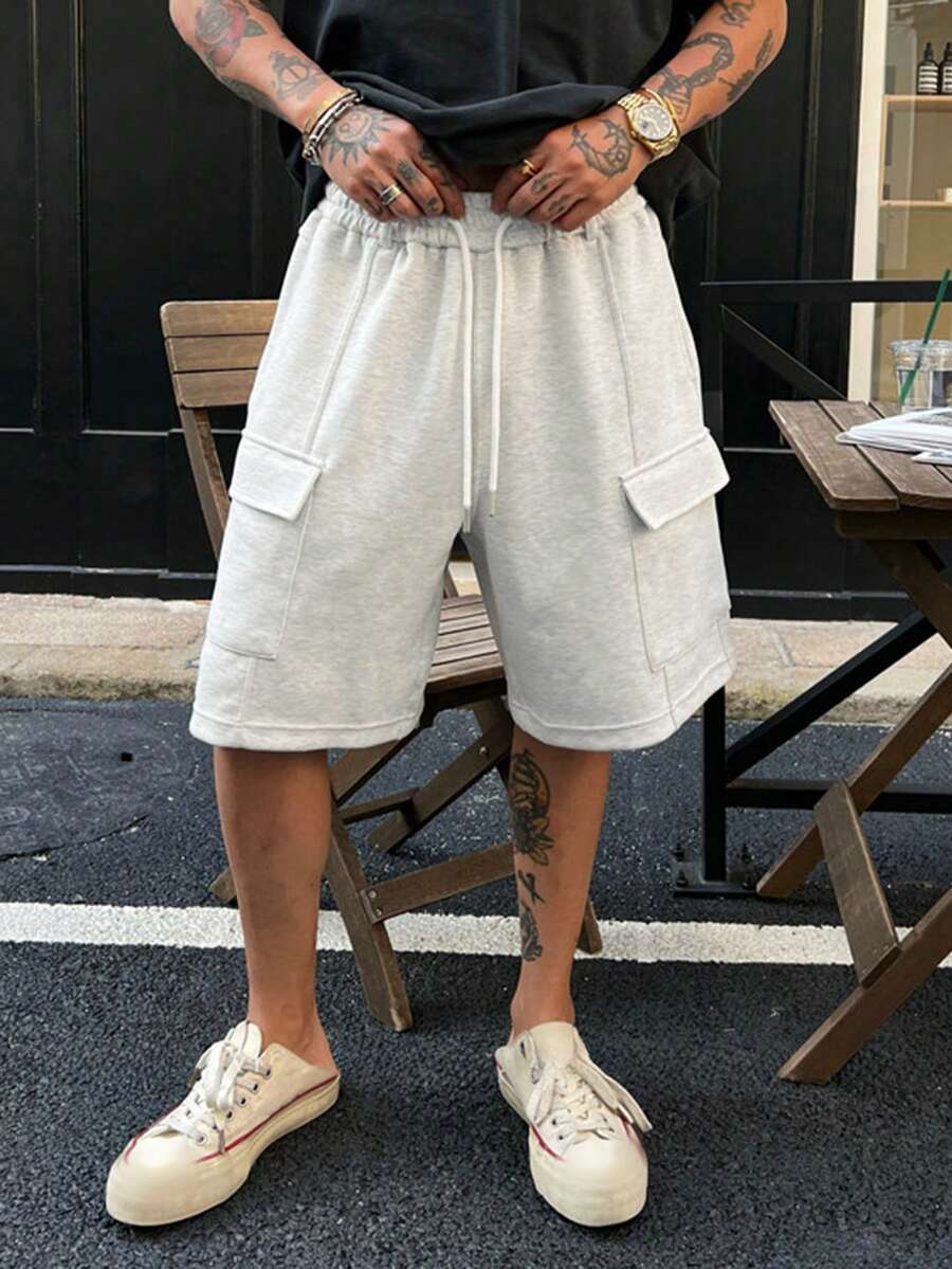 DAZY 男士夏季宽松弹力腰带短裤，带大口袋 - 灰色 - 查看 1