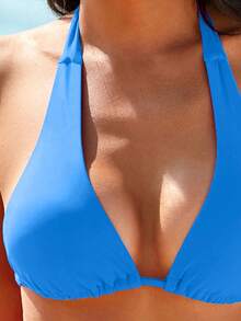 Swim Vcay Baju Renang Wanita Musim Panas untuk Pantai, Set Bikini Mono, Bra Tanpa Kawat dan Bawahan 2 Potongan, Model Halter Tanpa Punggung dengan Tali di Belakang dan Tali di Samping - Biru - View 4