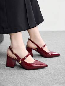 CUCCOO BIZCHIC Women's Fashion High-Heeled Shoes, Buckle Thick Heel Global Four-Season Commute Elegant Foundation Holiday Vacation Office Outdoor Daily Versatile - Burgundy - View 5