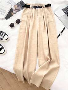 Franclia 女士休闲宽松阔腿裤，斜插口袋设计，百搭腰带裤，多环腰带装饰，专为女性设计，适合商务、办公、教师制服、时尚日常休闲穿着、通勤，春夏秋季皆宜。 - 杏色 - 查看 3