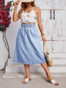 Breezaya Plus Size Solid Color Ruffle Hem Denim Mini Skirt - Light Wash - View 5