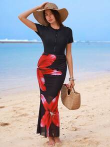 Swim Shayni Maillot de bain une pièce à fermeture éclair avant, manches courtes, style décontracté pour la plage et les vacances + Jupe en maille à imprimé floral, ensemble 2 pièces, printemps/été - Noir - Voir 3