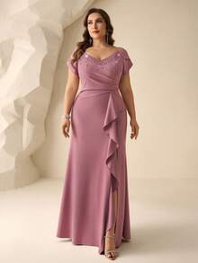 Coutiva Plus Size Elegant Dusty Pink Rhinestone High Slit Ruffle Hem Mother Of The Bride Dress,Summer Bridesmaid Gown,Formal Wedding Evening Gowns For Ladies - Mauve Purple - View 7