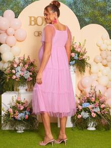 Loomaby Pink Summer Maternity Dress,Fairy Mesh Patchwork Sleeve V-Neck Lace Decor Layered Loose Gown For Baby Shower,Gender Reveal & Photoshoot,Plus Size - Pink - View 5