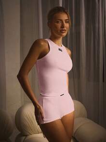 Athîral Women's Applique Decor Round Neck Fitted Tank Top And Shorts 2 Pieces Set - Pink - View 2