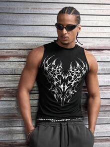 AXEPEAK Men's Gothic Print Round Neck Casual Tank Top - Black - View 2
