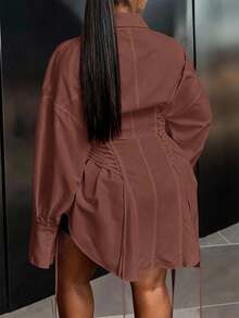 Veslaya 秋冬新款女装，女装，音乐节万圣节服装，女士生日礼服，日常穿着，百搭基础款，休闲，度假，邮轮旅行，海滩，日光浴，热门款，白色长袖泡泡袖纯色通勤街头风鱼骨抽绳腰A字裙设计大码婚礼宾客连衣裙，女士长款连衣裙，棕色拉链长袖上衣，女士上衣，束身衬衫，女士服装 - 棕色 - 查看 2