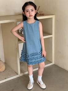 DAZY Young Girls Round Neck Sleeveless Denim Dress - Blue - View 3