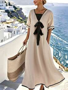 Hotletica 女士撞色系带短袖连衣裙 - 杏色 - 查看 1