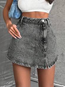 EURMUSE 100%Cotton Rigid, Slit Detailed Skort Fit - Light Grey - View 6