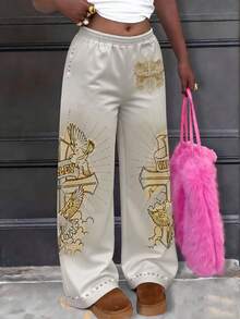 Rovax Women's Plaid Pattern Casual Loose Elastic Waist Straight Leg Pants - Beige - View 3