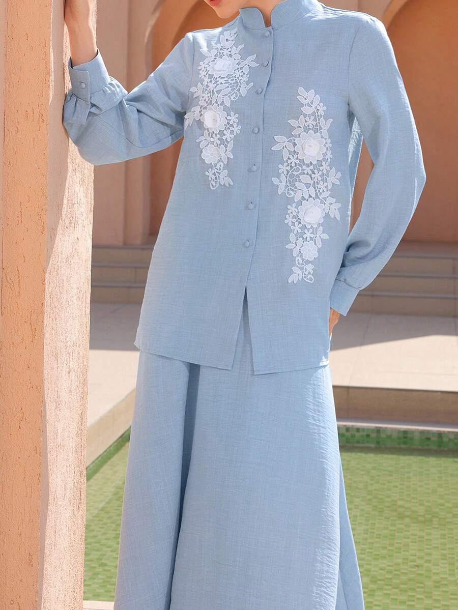 Graceveil 一套女士宽松优雅贴花衬衫和中长裙，休闲装 - 藍色 - 查看 1