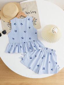 SHEIN 女童蓝白条纹蝴蝶结套装 - 包括：舒适的无袖蝴蝶结装饰上衣和荷叶边短裤，蝴蝶印花图案，柔软面料，适合夏季穿着，甜美的条纹和蝴蝶结设计，适合日常/休闲穿着，舒适贴身，易于搭配和保养，打造清新可爱的女孩造型 - 藍色 - 查看 8
